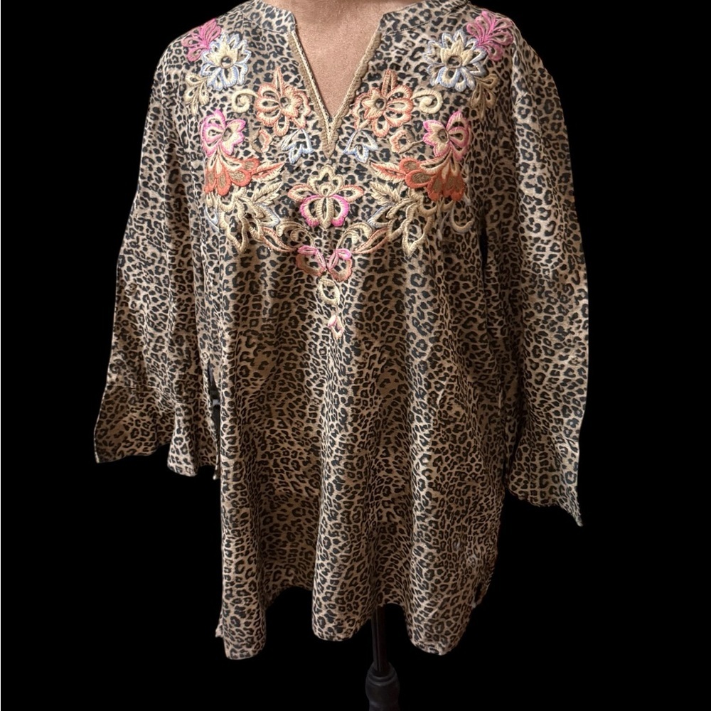 Chico's Leopard Print Tunic with Floral Embroidery